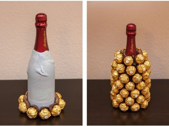 Бутылка украшенная конфетами своими руками: Узнаем как украсить бутылку шампанского конфетами своими руками