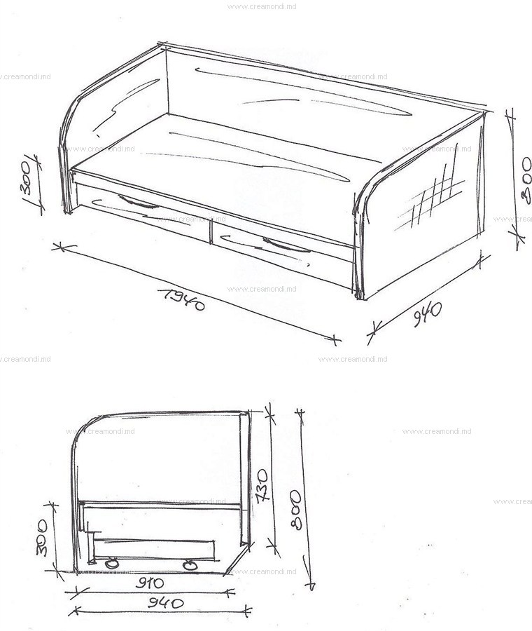 Чертеж с размерами кровати детской с ящиками: Чертежи на Кровать Детскую с 2 Ящиками 1940х930х750