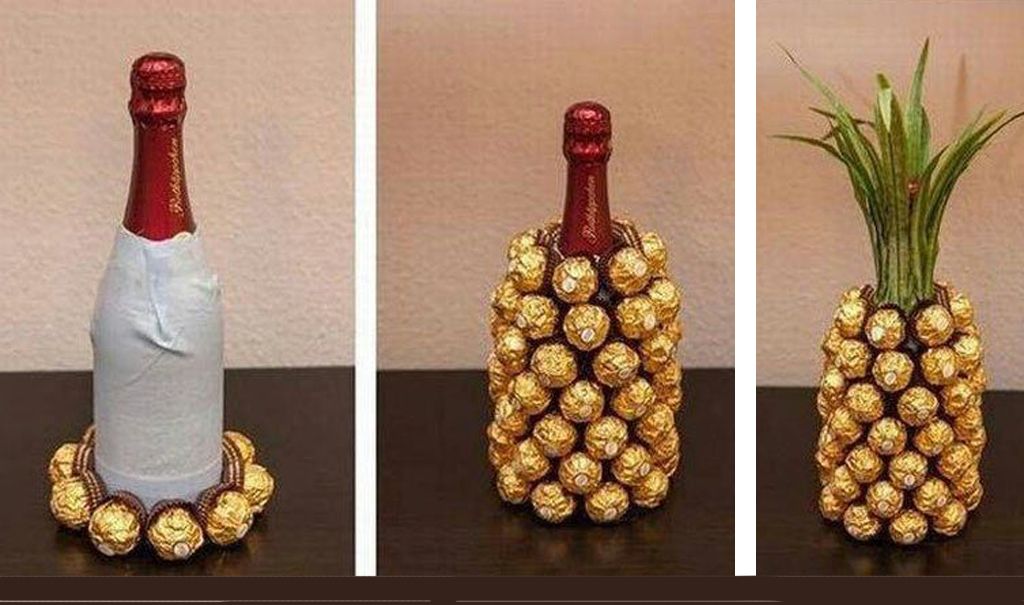 Украшение бутылки конфетами: украсить бутылку шампанского мишурой и конфетами