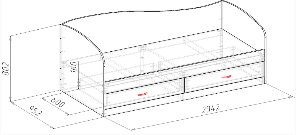 Чертеж с размерами кровати детской с ящиками: Чертежи на Кровать Детскую с 2 Ящиками 1940х930х750