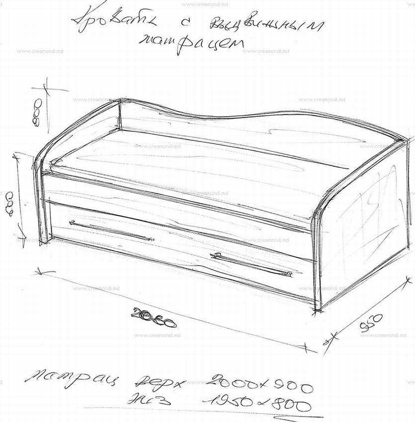 Чертеж с размерами кровати детской с ящиками: Чертежи на Кровать Детскую с 2 Ящиками 1940х930х750