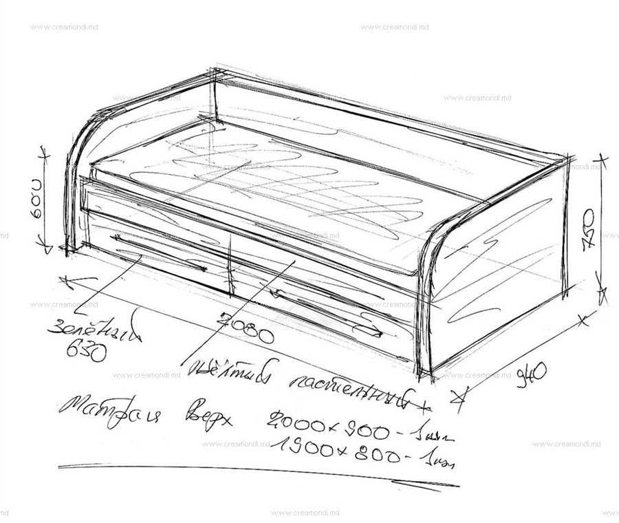 Чертеж с размерами кровати детской с ящиками: Чертежи на Кровать Детскую с 2 Ящиками 1940х930х750