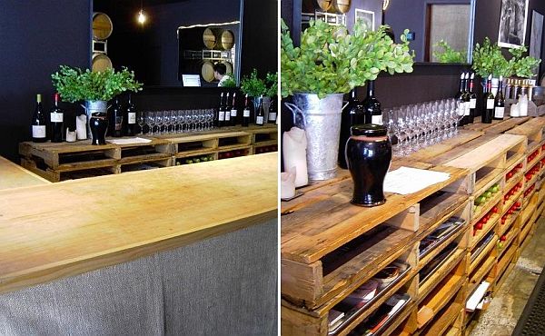 DIY wine tasting room pallet shelving