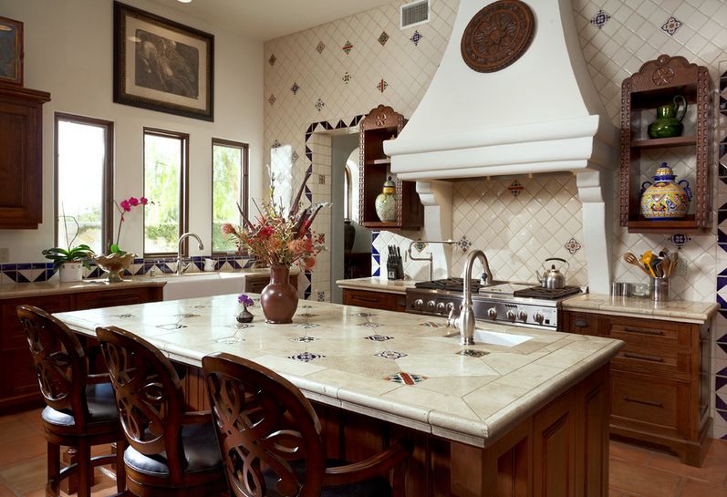 Large kitchen design with tiles on backsplash and countertop