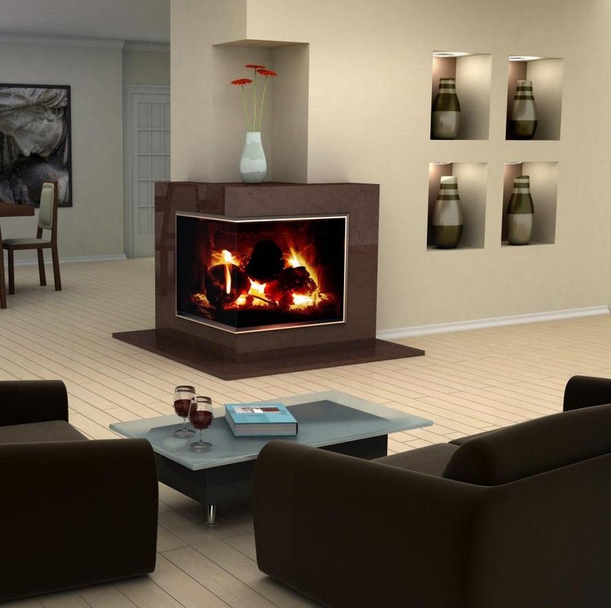 Modern interior design showcasing a corner fireplace