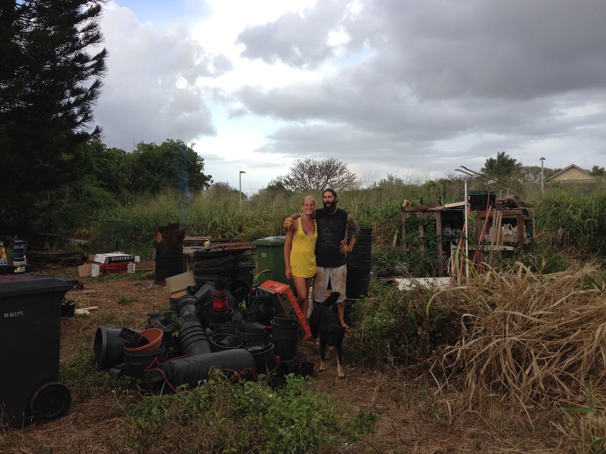 clearing debris on site of earthbag dome