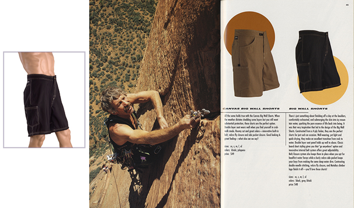 An advertisement for mens shorts featuring a photo of a rockclimber