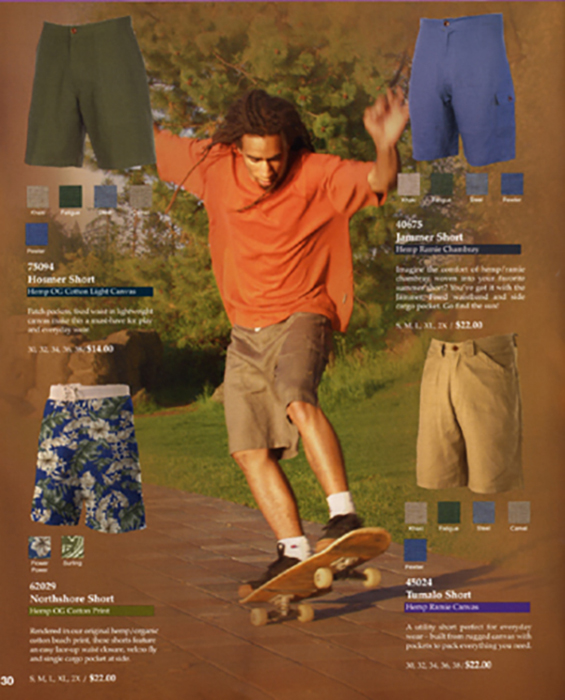 An advertisement for mens shorts featuring a photo of a skateboarder 