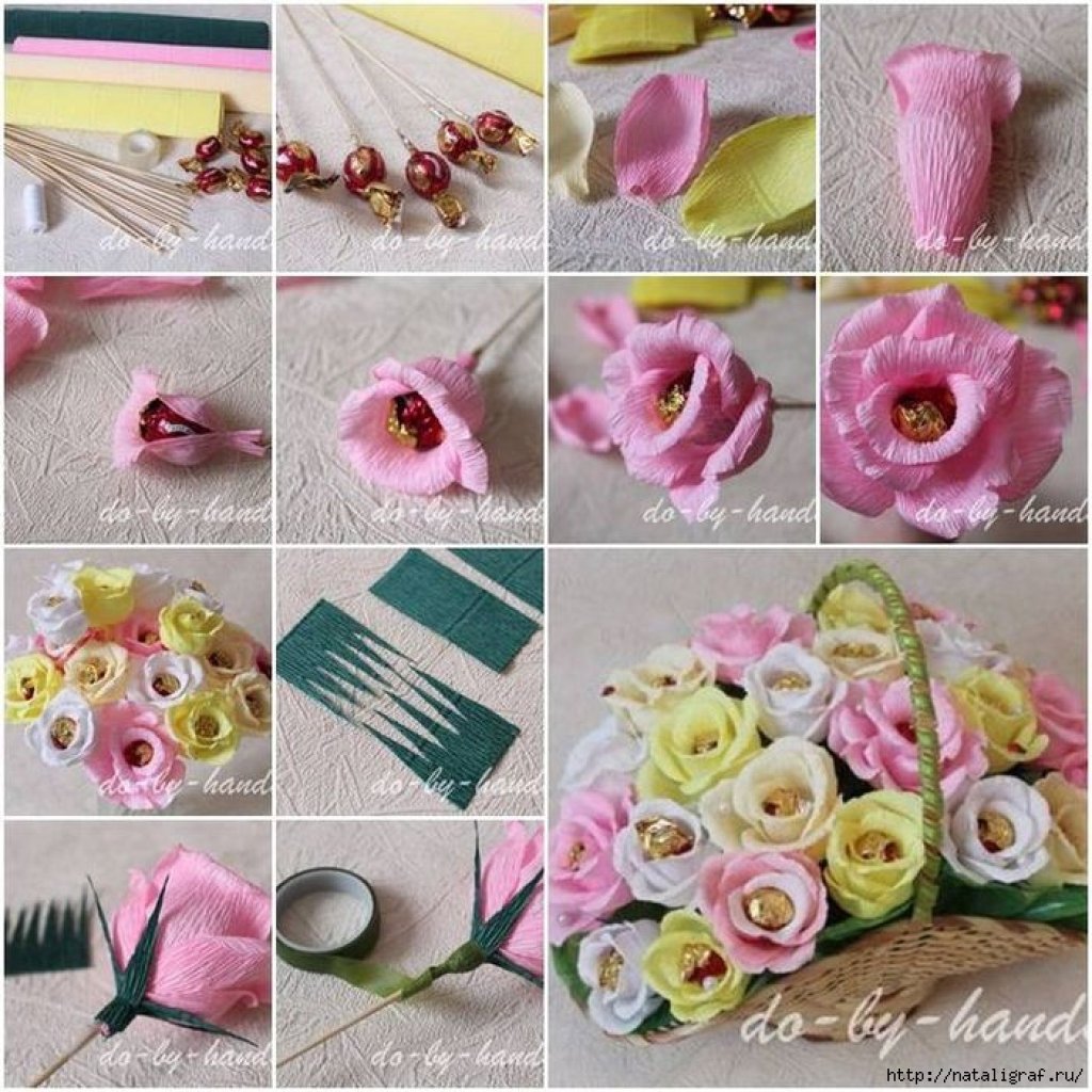 Как из гофрированной бумаги и конфет сделать букет: Как сделать цветы из конфет и гофрированной бумаги своими руками?