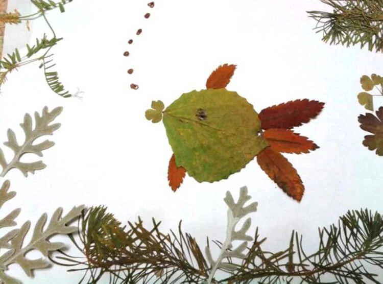 Золотая рыбка из листьев: Золотая рыбка из осенних листьев - Поделки из природного материала , Подводный мир, для детей от 7 лет