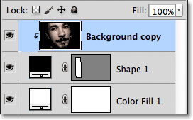 The Layers panel showing the Background copy layer clipped to the Shape layer.