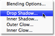 Selecting a Drop Shadow layer style in Photoshop.