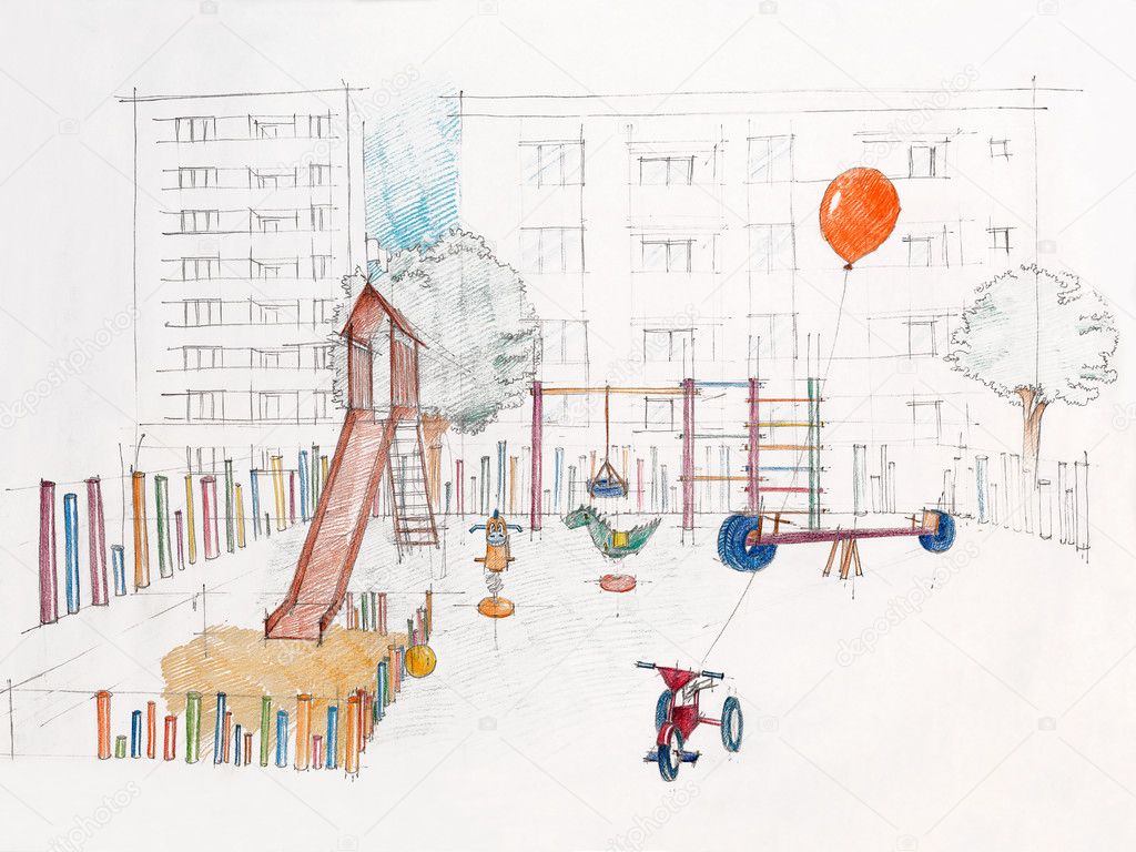 Детские рисунки площадки: Детская площадка рисунок карандашами и красками