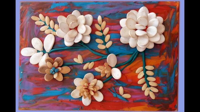 Комбинированные работы из пластилина и семян: Поделка тыква из пластилина