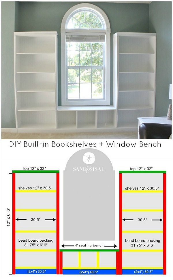 DIY Built-in Bookshelves + Window Bench Plans with beadboard and rope trim molding. #3MDIY #3MPartner